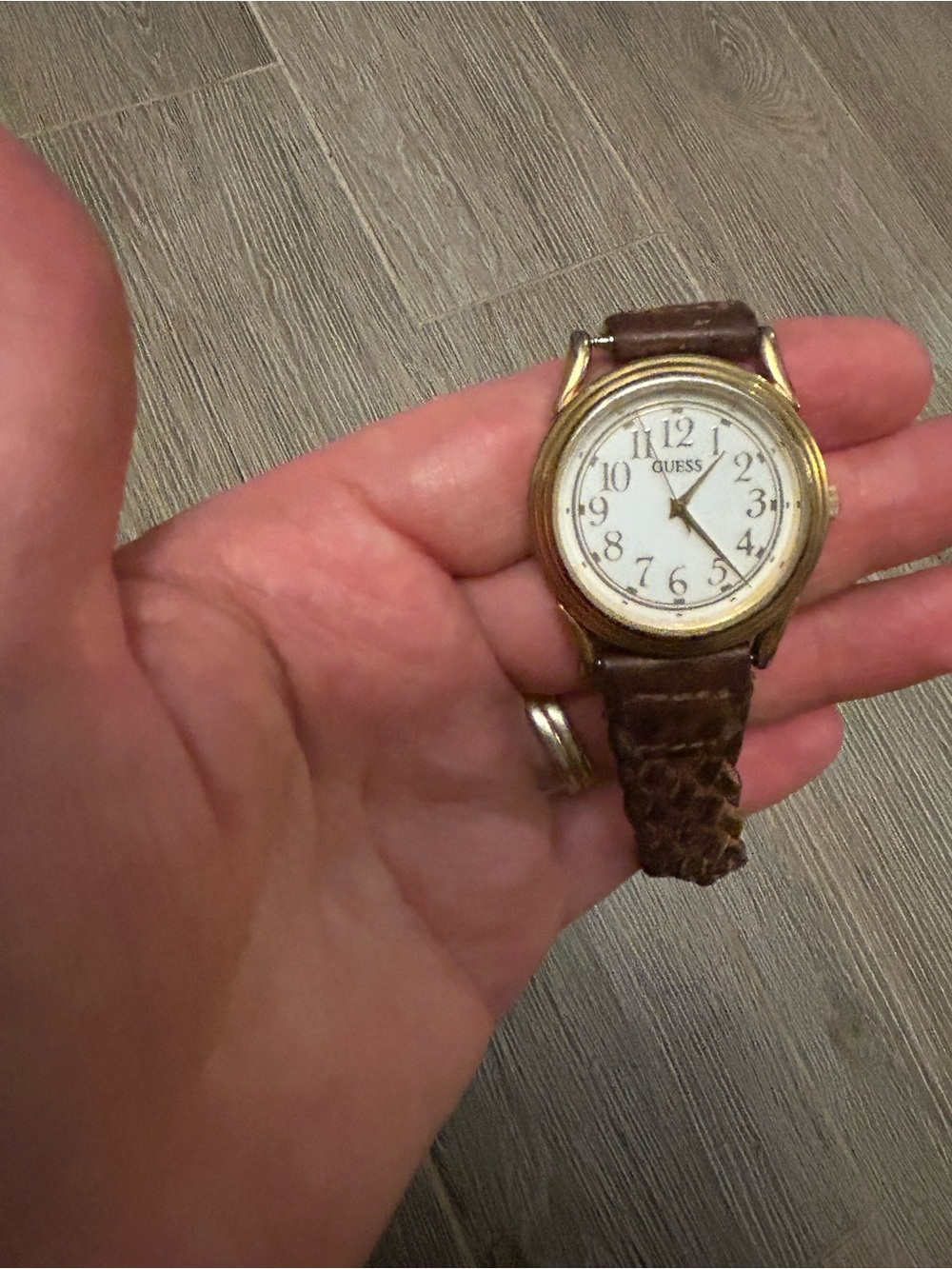 GUESS Brown Leather Strap Gold-Tone Case Watch